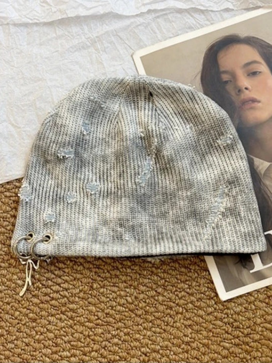 Harajuku Hole Design Iron Ring Skull Knitted Beanie Hat