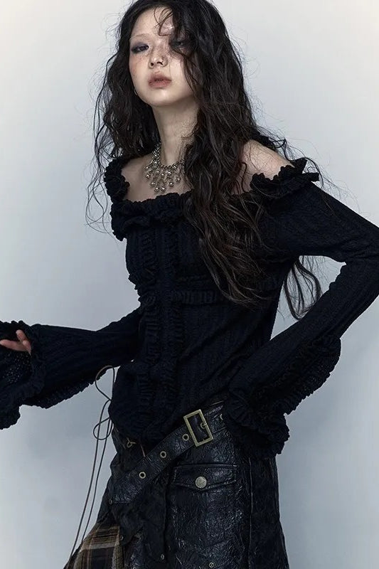 Grunge Punk Tattoo Print Black Knit Top