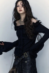 Grunge Punk Tattoo Print Black Knit Top