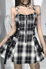 Black Plaid Backless Bandage A-Line Elegant Mini Dress