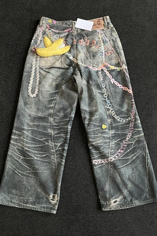 Punk Heavy Chain Print Floor-Length Denim Pants