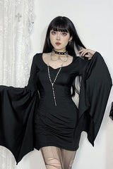 Goth Dark Batwing Sleeve Pleat Bodycon Mini Dress