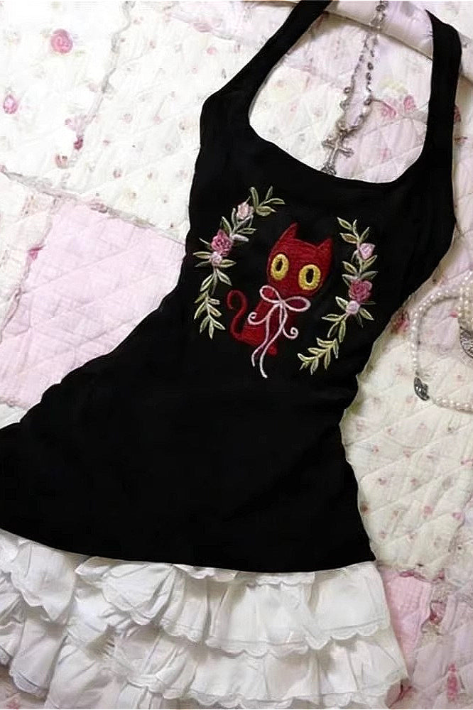 Vintage Y2K Cat Embroidery Halter Top