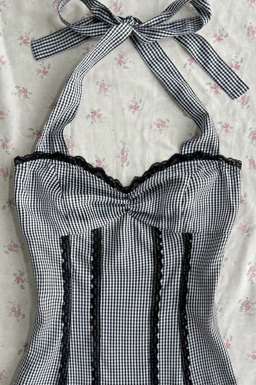 Striped Polka Dot Bow Ruched Cropped Slim Halter Top Secondary image