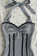Striped Polka Dot Bow Ruched Cropped Slim Halter Top
