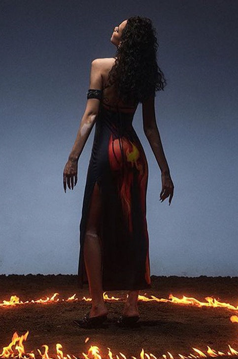 Flame Print Cross Strap Maxi Dress