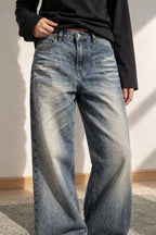 Embroidered Slouchy Straight Denim Trousers