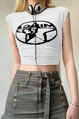 Dark Edgy Print Ruffle Sleeve Slim Crop Top