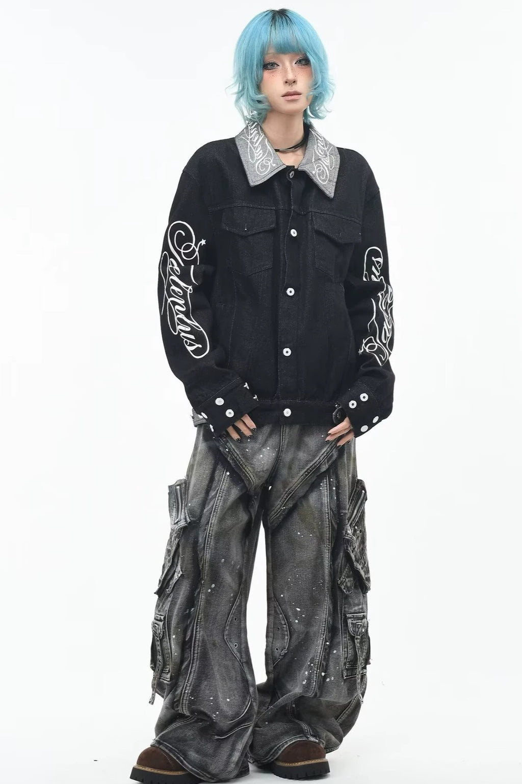 Script Print Boxy Denim Jacket
