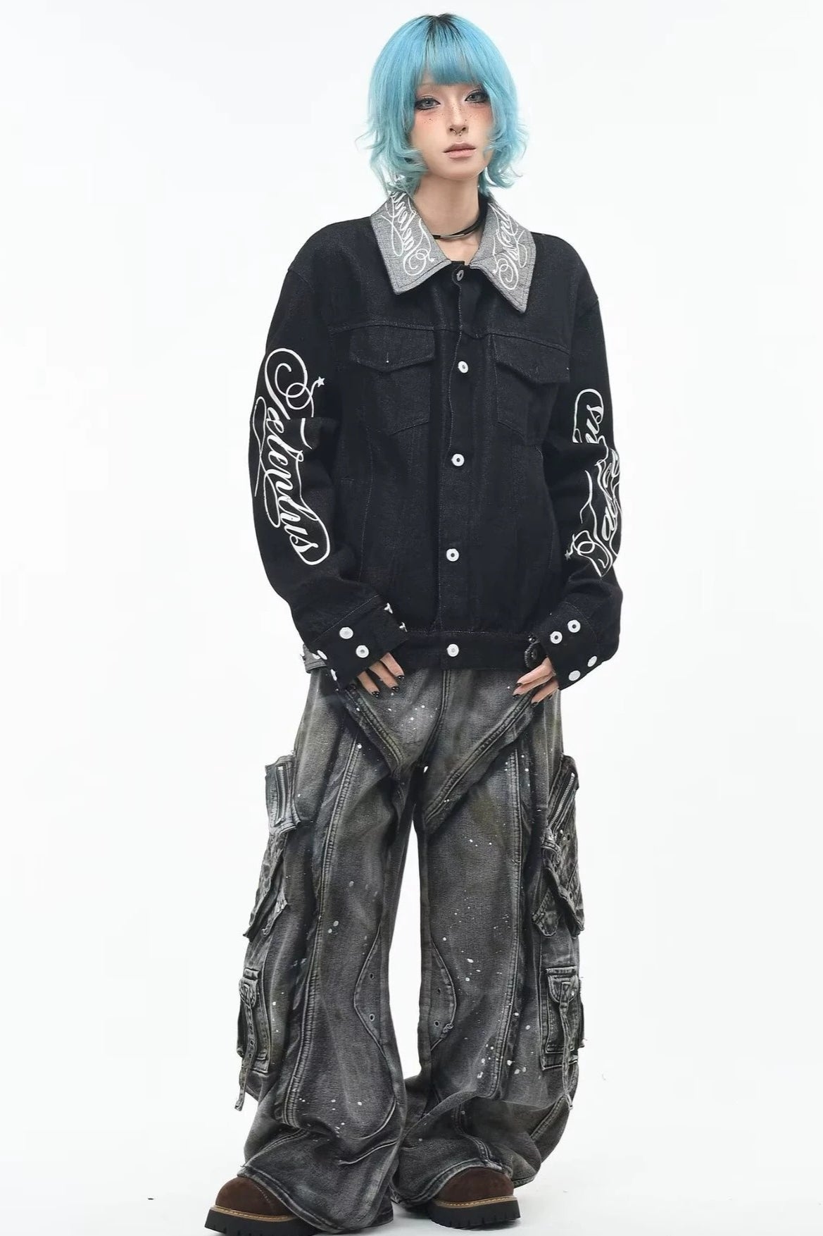 Script Print Boxy Denim Jacket