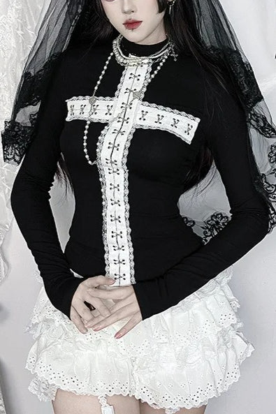 Y2K Aesthetic Lace Paneled Gothic T-shirt Main image