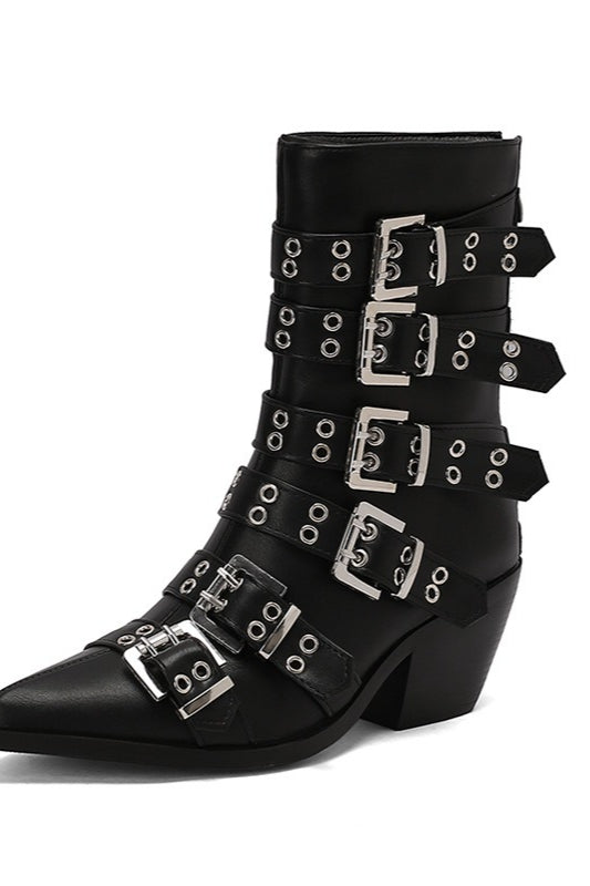 Pointed Buckle Western Ankle Boots