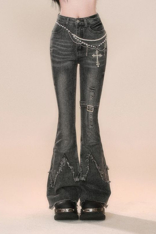 Retro High-Waist Slim Flare Denim Pants