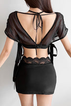 Sheer Puff Sleeve Lace Skirt Sets