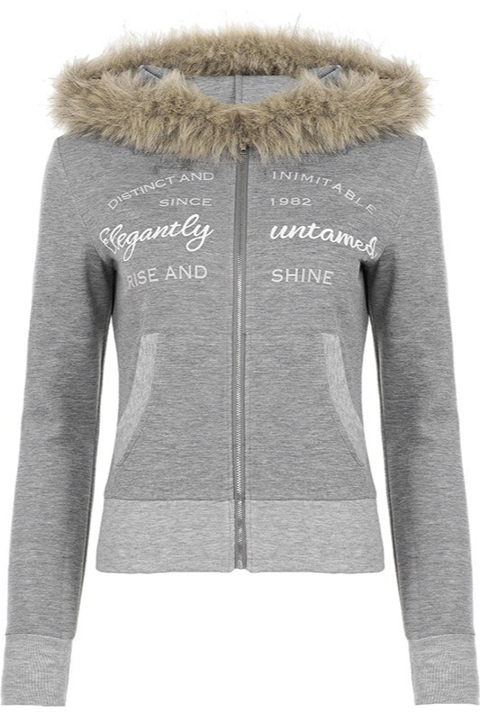 Fluffy Trim Letter Graphic Hoodies