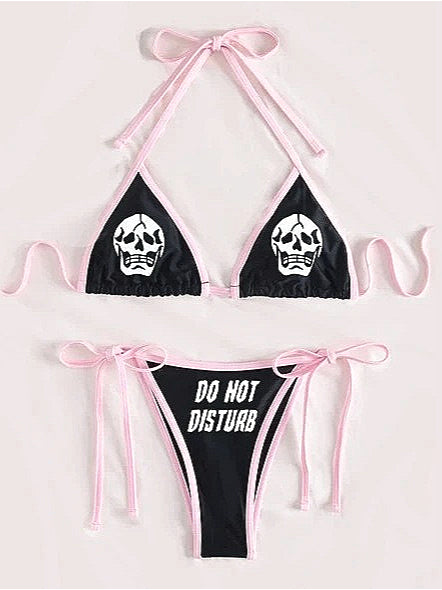 Edgy Color Block Skull Tie Strap Swimwear