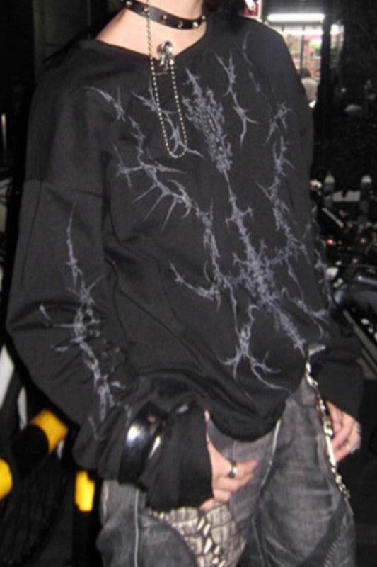Punk Print Black O-neck Long Sleeve Knit Top Secondary image