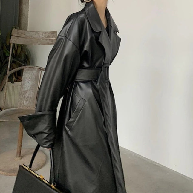 Oversized Lapel Leather Long Coat Secondary image