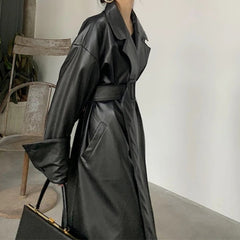 Oversized Lapel Leather Long Coat