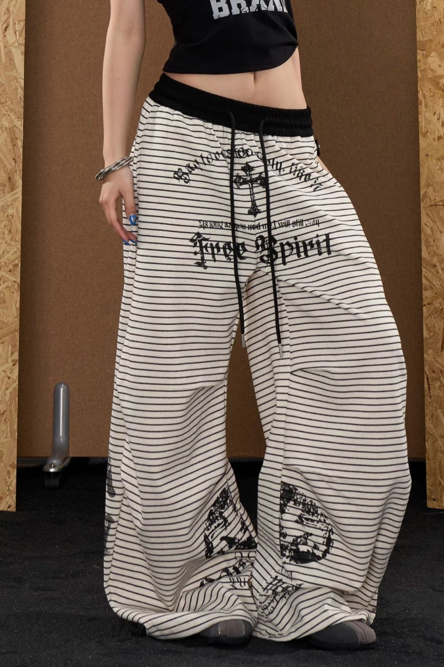 Striped Ornate Print Wide Pants