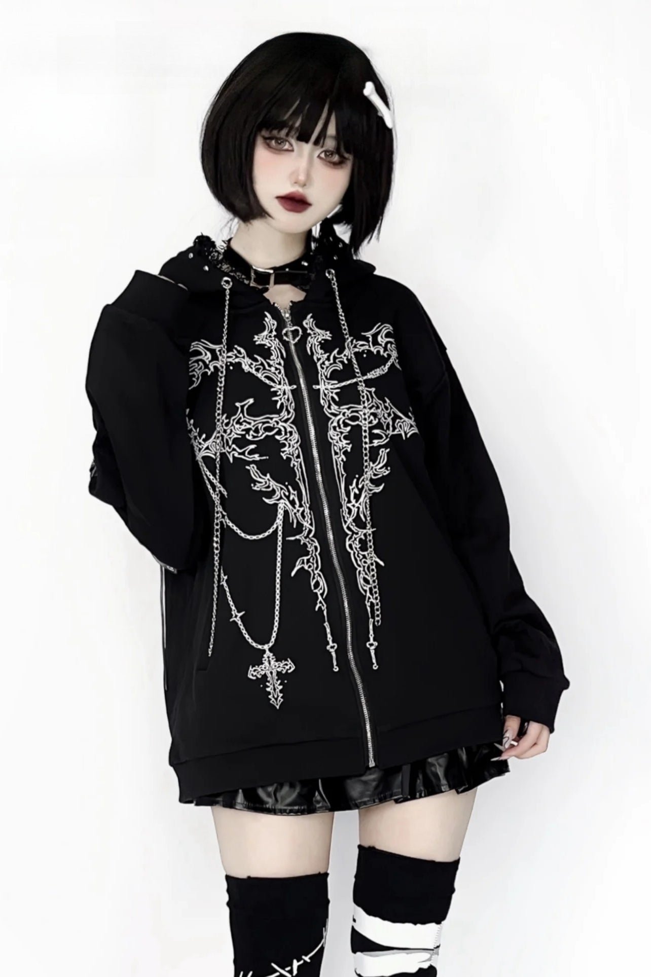 Harajuku Cross Lace-up Splicing Hoodie Main image