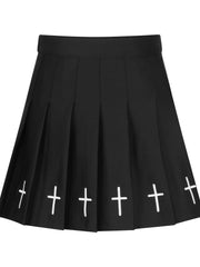 High-Waist Dark Skull Embroidered Pleated Mini Skirt