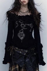 Grunge Punk Tattoo Print Black Knit Top