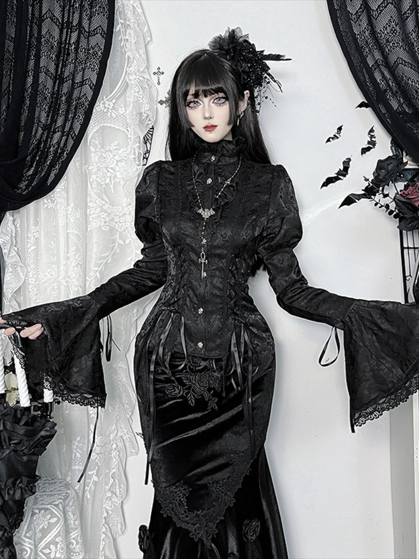 Gothic Bell Sleeve Fitted Blouse