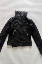 Deconstructed Lapel Waist-fit Short Leather Biker Jacket