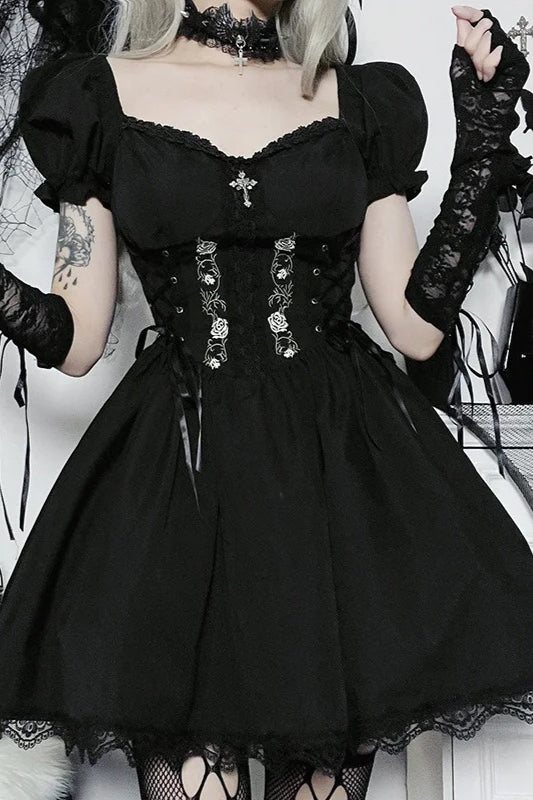 Black Gothic Bandage Corset Embroidery A-line Lolita Mini Dress Main image