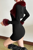 Burgundy Fluffy Trim Black Skirt Sets