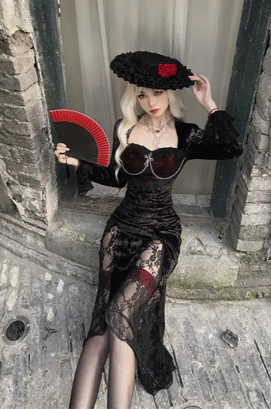 Gothic Y2k Lace Patchwork Long Sleeve Slim Black Maxi Dress Main image