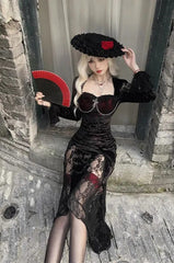 Gothic Y2k Lace Patchwork Long Sleeve Slim Black Maxi Dress