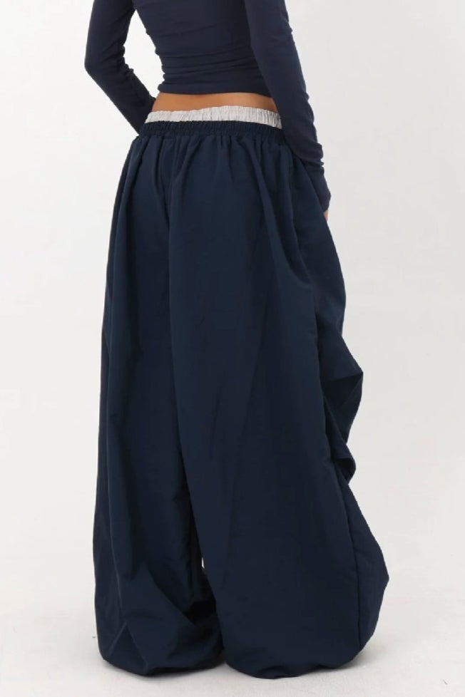 Layered Waistband Baggy Drawstring Pants