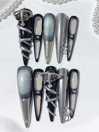 Black Blue Cat Eye Charm Press On Nails