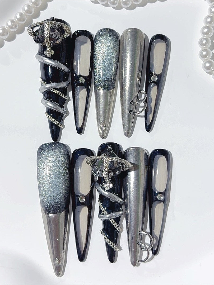 Black Blue Cat Eye Charm Press On Nails
