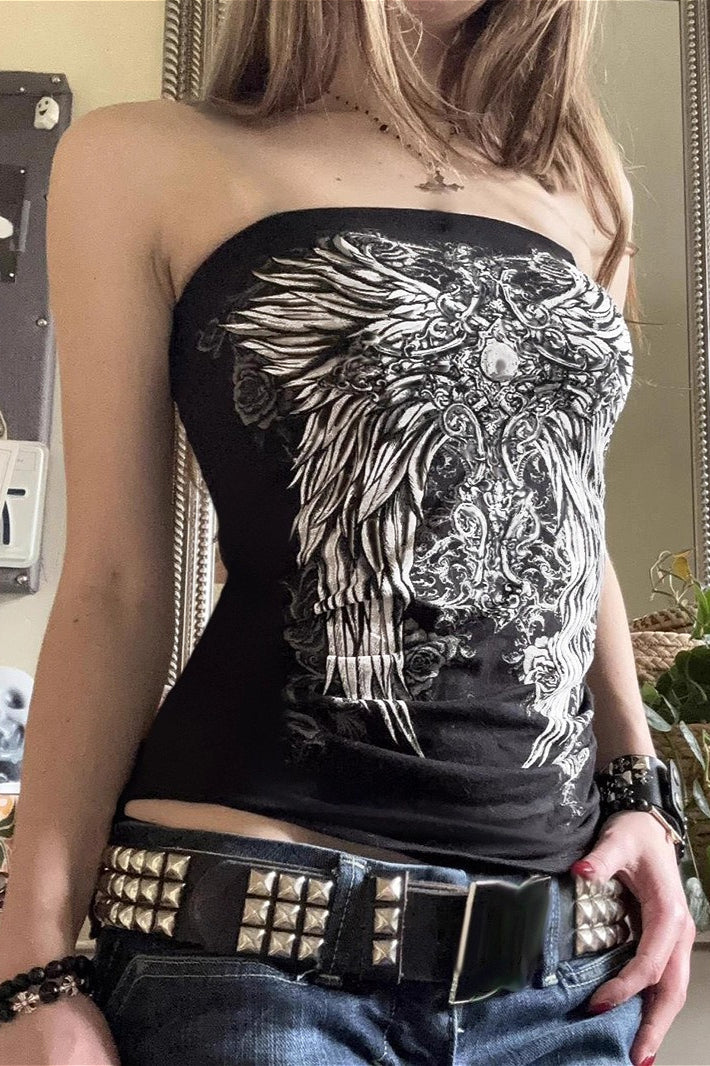 Dark Retro Wings Print Bandeau Tank Top