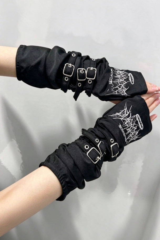 Buckle Graphic Open Finger Gloves