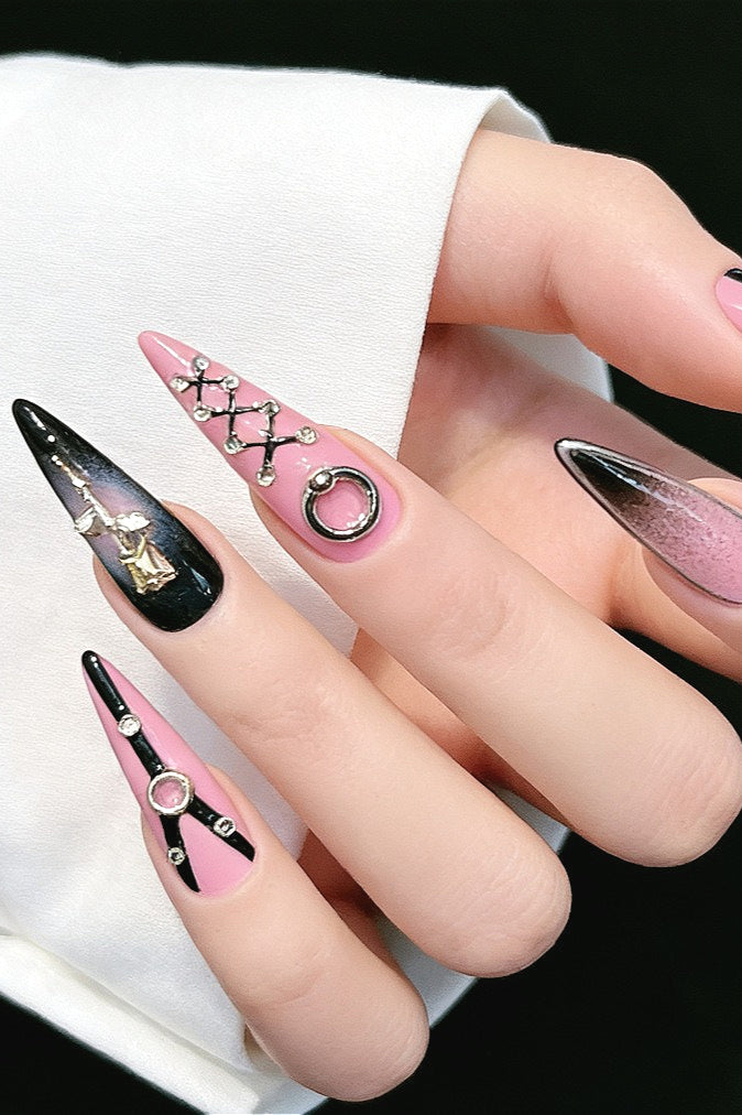 Pink Black Mine Style Gradient Press On Nails