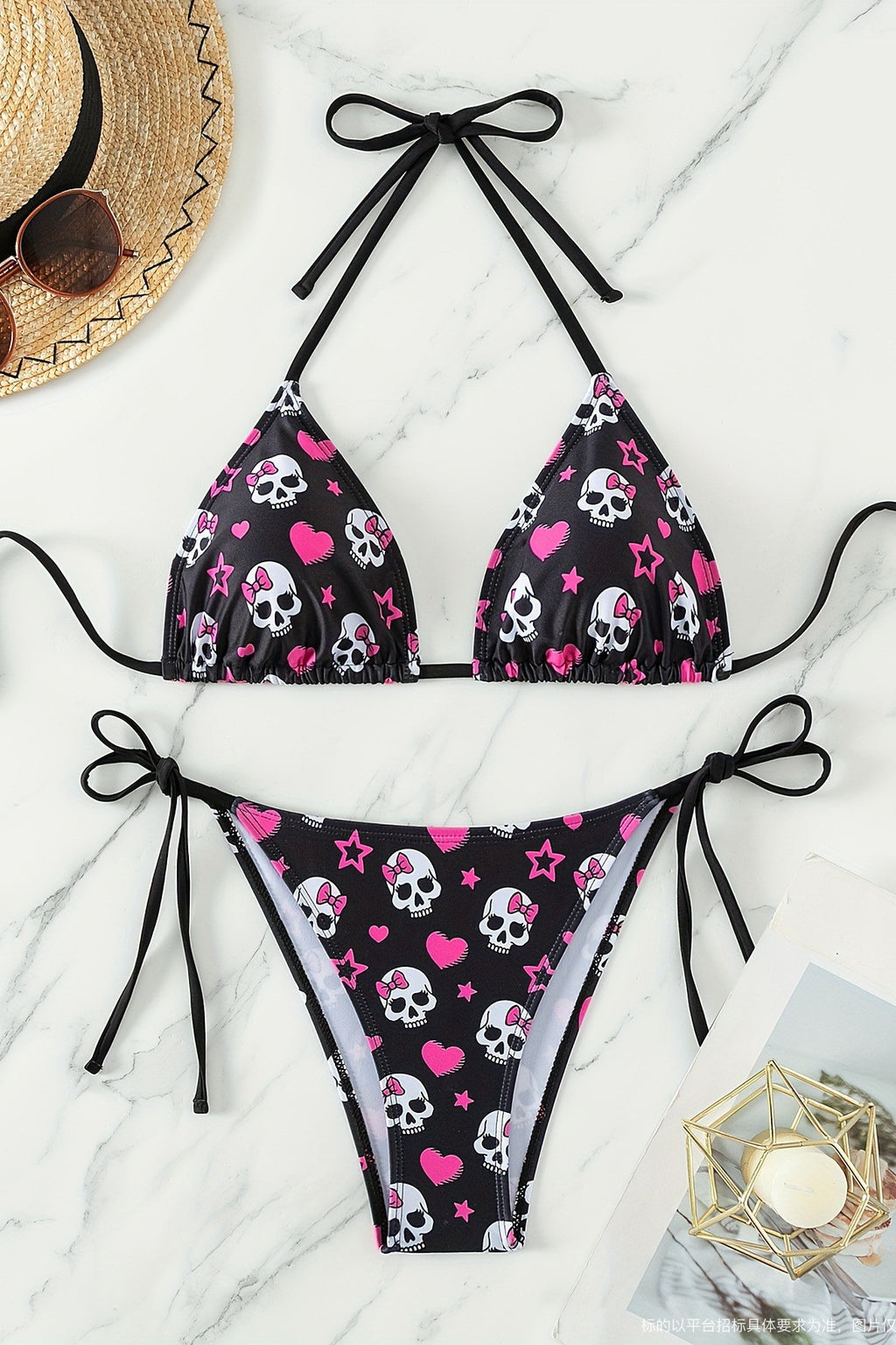 Emo Style Lace-Up Skull Print Swimwear