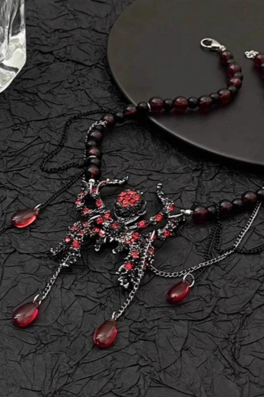 Y2K Heavy Dark Red Spider Tassel Necklace