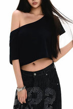 Asymmetric Shoulder Cropped Plain T-Shirt