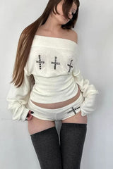 Cross Rivet Off-Shoulder T-Shirt