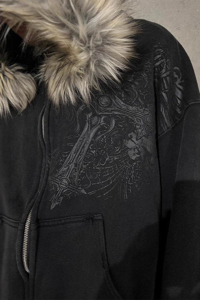 Gothic Graphic Brown Fur Trim Zip Hoodie Secondary image