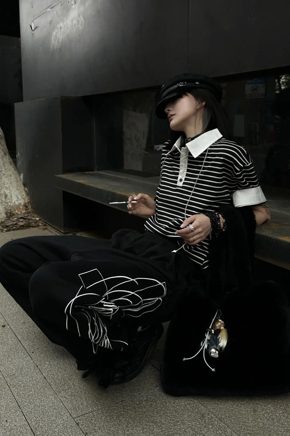 Street Letter Embroidery Black Wide Leg Pants