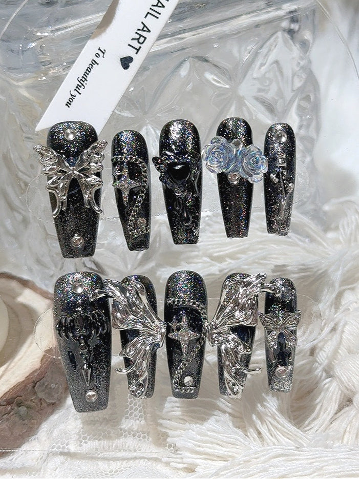 Dark Gothic Style Glitter Press On Nails