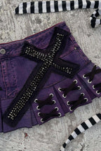Purple Studded Lace-Up Denim Mini Skirt