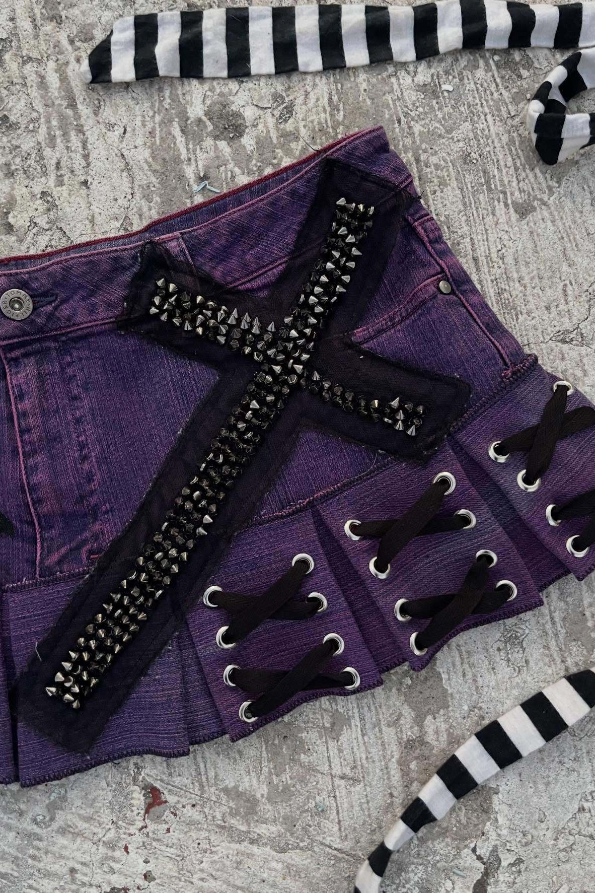 Purple Studded Lace-Up Denim Mini Skirt