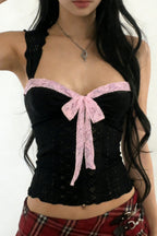 Contrast Lace Bow Textured Tank Top