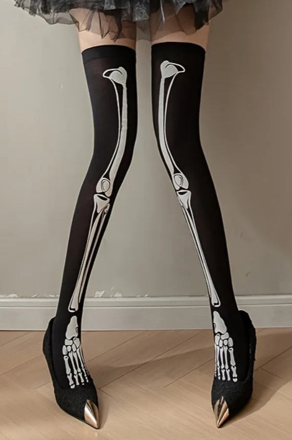 Gothic Skeleton Print Thin Summer Over Knee Cosplay Socks